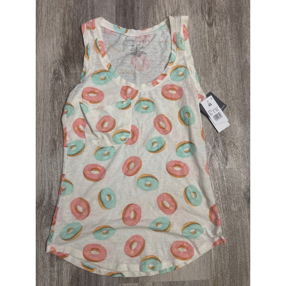 Grayson Threads Womens Donut Print Tank Top White Pink Teal Size XS NWT
